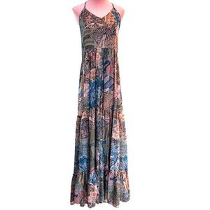 NWT MISA Los Angeles Maxi Dress Chiffon Patchwork Look Spaghetti Strap Boho S